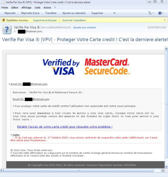 Mail Phishing imitant Visa et MasterCard
