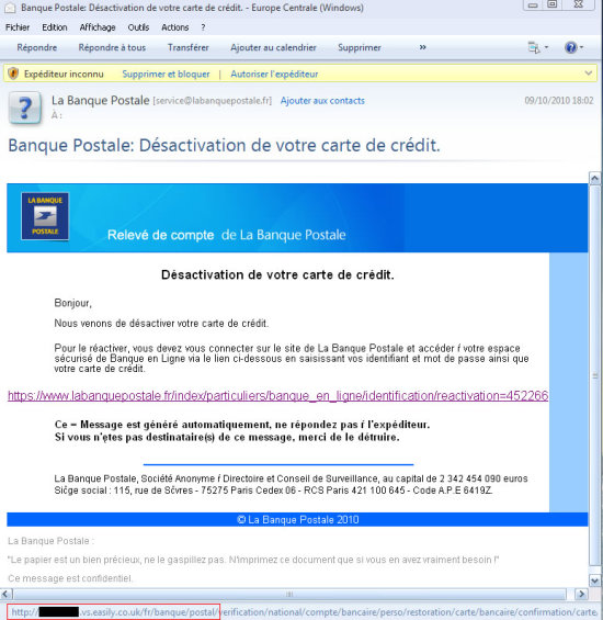 Mail Phishing de la banque postale