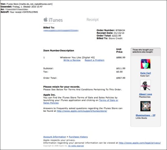 Mail Phishing et fausse facture itunes de 1000$