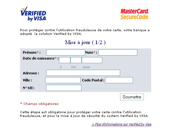 Page du site Phishing imitant une page de sécurité de Visa et MasterCard