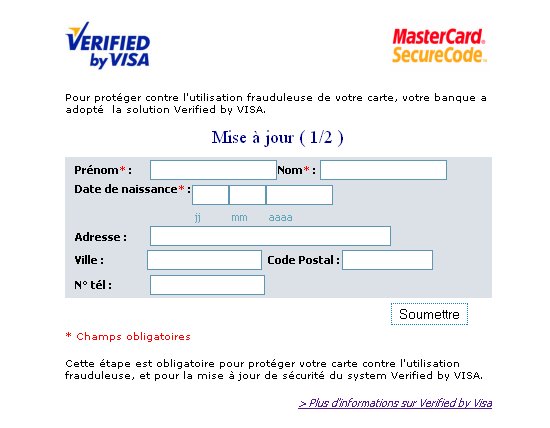 Page du site Phishing imitant une page de sécurité de Visa et MasterCard